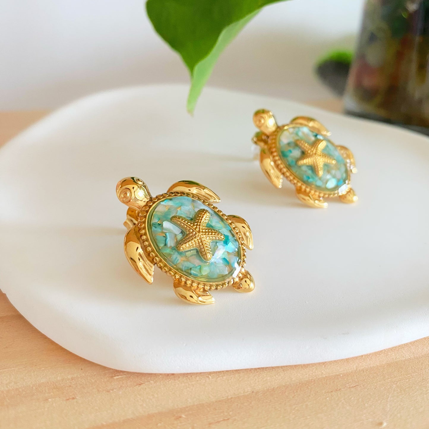 Green Star Fish Turtle Earrings